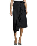 Asymmetric Ruffle Wrap Midi Skirt, Black
