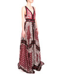 Zubie V-Neck Mixed-Print Gown, Burgundy