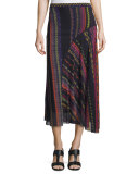 Blanket-Print Seamed Midi Skirt, Black/Multi 