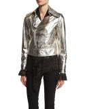 Metallic Leather Biker Jacket, Silver