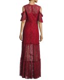 Embellished Cold-Shoulder Lace Gown, Crimson