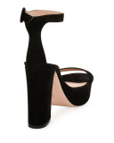 Suede Platform Ankle-Wrap Sandal, Black