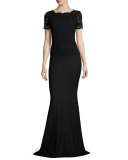 Rumba Knit Lace-Bodice Short-Sleeve Gown, Caviar