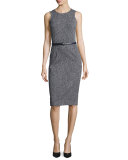 Belted Sleeveless Sheath Dress, Maritime/White
