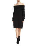 Long-Sleeve Knit Off-the-Shoulder Shift Dress, Black