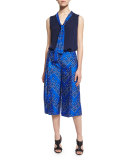 Britni Sleeveless Silk Top w/ Chevron Dots Trim, Midnight