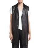 Button-Front Long Leather Vest, Black