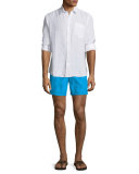 Moorea Flocked-Turtle Swim Trunks, Turquoise