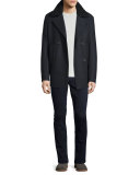 Melton Wool-Blend Pea Coat w/Shearling Collar, Navy