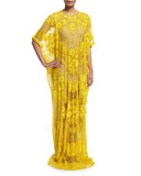 Half-Sleeve Floral-Embroidered Caftan, Yellow