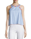 Meg Embroidered-Trim Crop Top, Blue Dusk/White