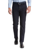 Luxe Denim Straight-Leg Jeans, Navy Solid