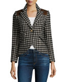 Check One-Button Blazer with Leather Trim