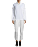 Fringe-Trim Turtleneck Sweater, Off White