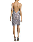 Sleeveless Floral Lace Cocktail Dress, Silver/Nude