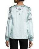 Long-Sleeve Embroidered Silk Satin Top, Blue/Black