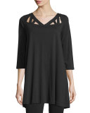 3/4-Sleeve Yoke-Cutout Tunic, Black