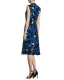 Brushstroke-Print Pleated A-Line Dress, Blue/White Multi