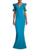 Beaufort Cold-Shoulder Ruffle-Sleeve Jersey Gown, Blue