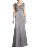 Cap-Sleeve Lace & Satin Combo Gown 