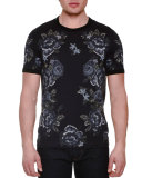 Cross-Stitched Floral-Print Jersey T-Shirt, Navy
