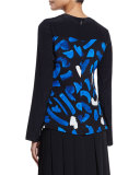Long-Sleeve Brushstroke-Print Top, Blue/White Multi