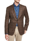 Windowpane-Check Two-Button Sport Coat, Brown