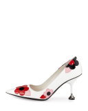 Floral-Appliqué Pointed-Toe 85mm Pump, White/Lacquer (Bianco/Lacca)