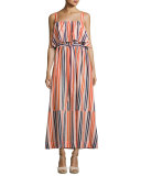 Colorblock Popover Prairie Dress, Orange/Blue