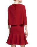 3/4-Sleeve Wool Popover Fit-and-Flare Dress, Garnet
