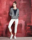 Striped Knit Stretch-Wool Jacket, Navy/Cream