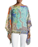 Floral Silk Chiffon Poncho, Aqua