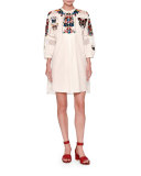 Embroidered Bishop-Sleeve Tunic Dress, White