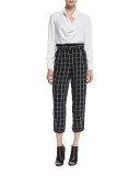 Fritz Cropped Paperbag-Waist Check Pants, Royal