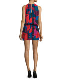 Paris Sleeveless Jewel-Neck Printed Dress, Sangria/Multi