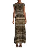 Cap-Sleeve Striped Tulle Maxi Dress, Black/Brown