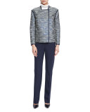Dane Collarless Asymmetric Woven Jacket, Ink Multi