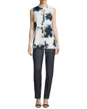 Painted Oleander-Print V-Neck Shell, Blue Pattern