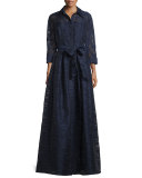 Long-Sleeve Belted Fil Coupe Gown, Navy