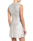 Iridescent Beaded Sleeveless Mini Dress, Silver