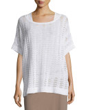 Short-Sleeve Scalloped Easy Sweater, White  