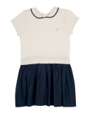 Collared Jersey & Poplin Dress, Navy, Size 3-8