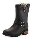 Chaney Shearling Fur-Lined Moto Boot, Black