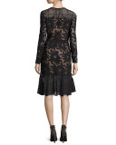 Long-Sleeve Floral Mesh Cocktail Dress, Black/Nude