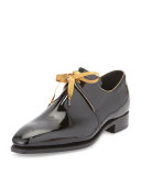 Arca Patent Leather Derby Shoe with Gold Piping, Black