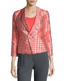 Basketweave Jacquard 3/4-Sleeve Jacket, Coral/Multi