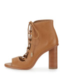 Cordelia Lace-Up Open-Toe Chunky-Heel Bootie, Whiskey