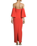 Off-Shoulder Flutter-Sleeve Column Gown, Flame