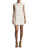Cap-Sleeve Lace Dress W/Leather Trim, Off White