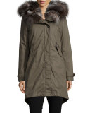 Literary Fur-Trim Cotton Parka Coat, Military Olive